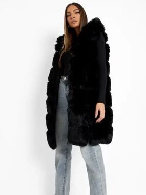 Boooo Black Luxe Faux Fur Hooded Gilet